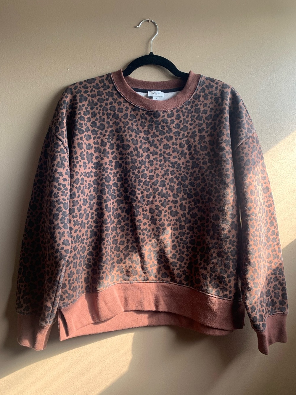 J. Crew Women's Brown Leopard Print Fleece Pullover Sweatshirt Size Medium